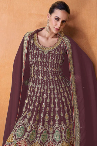 Festive Wear Wine Color Embroidered Palazzo Suit In Georgette Fabric