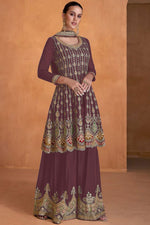 Load image into Gallery viewer, Festive Wear Wine Color Embroidered Palazzo Suit In Georgette Fabric