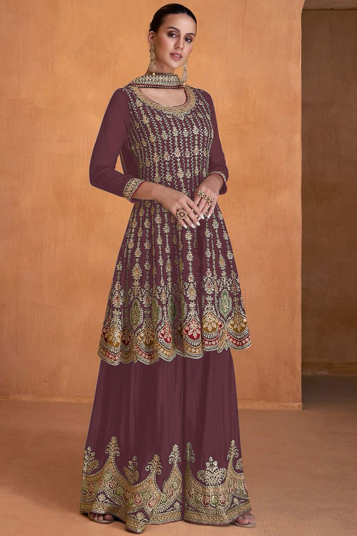 Festive Wear Wine Color Embroidered Palazzo Suit In Georgette Fabric