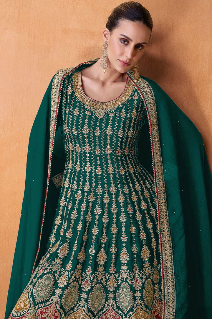 Georgette Fabric Embroidered Function Look Palazzo Suit In Dark Green Color