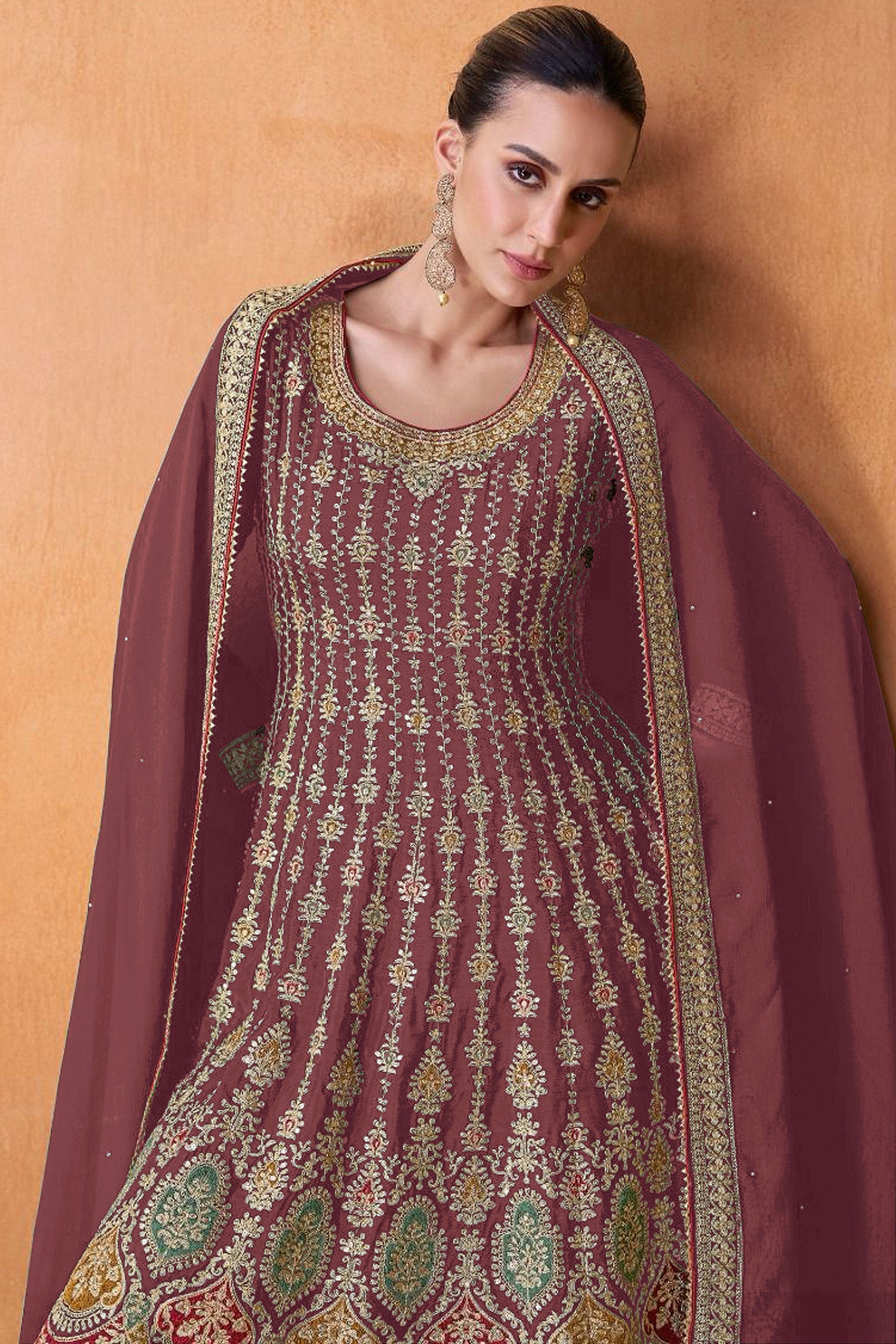 Function Style Embroidered Rust Color Palazzo Suit In Georgette Fabric