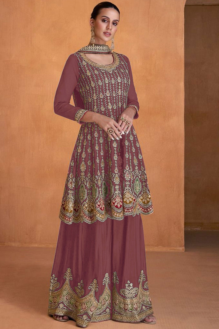 Function Style Embroidered Rust Color Palazzo Suit In Georgette Fabric