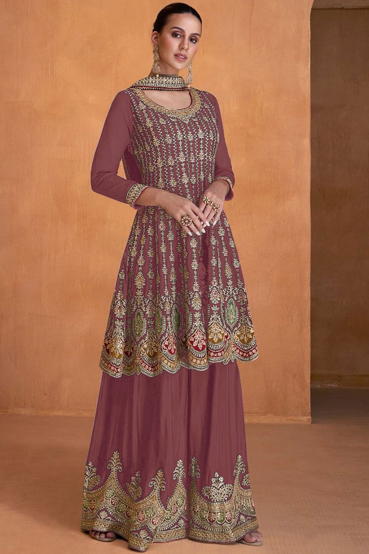 Function Style Embroidered Rust Color Palazzo Suit In Georgette Fabric