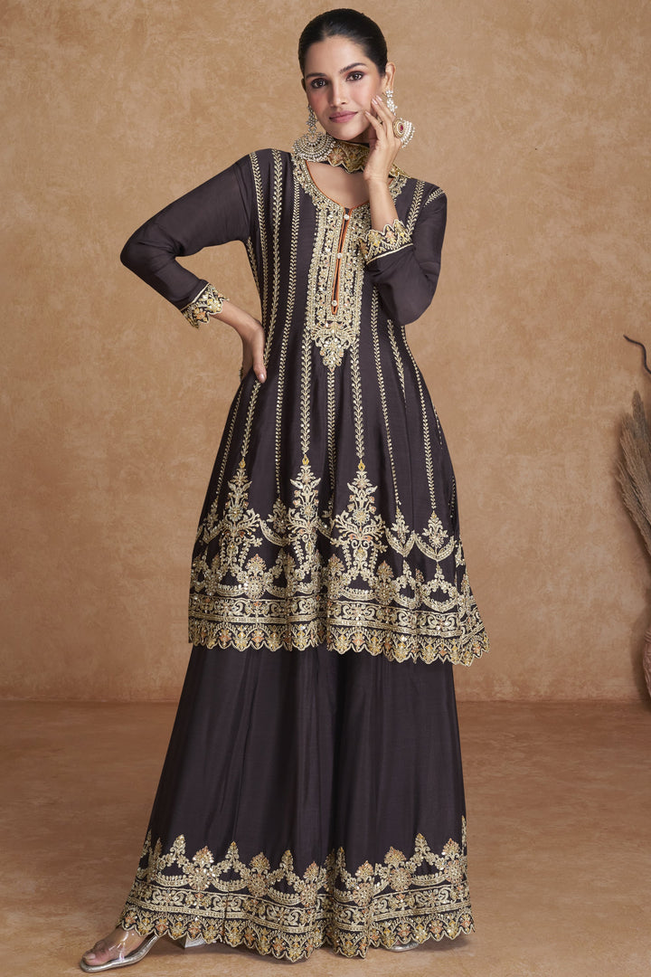 Festive Wear Embroidered Designer Readymade Sharara Style Salwar Kameez In Chinon Fabric Brown Color