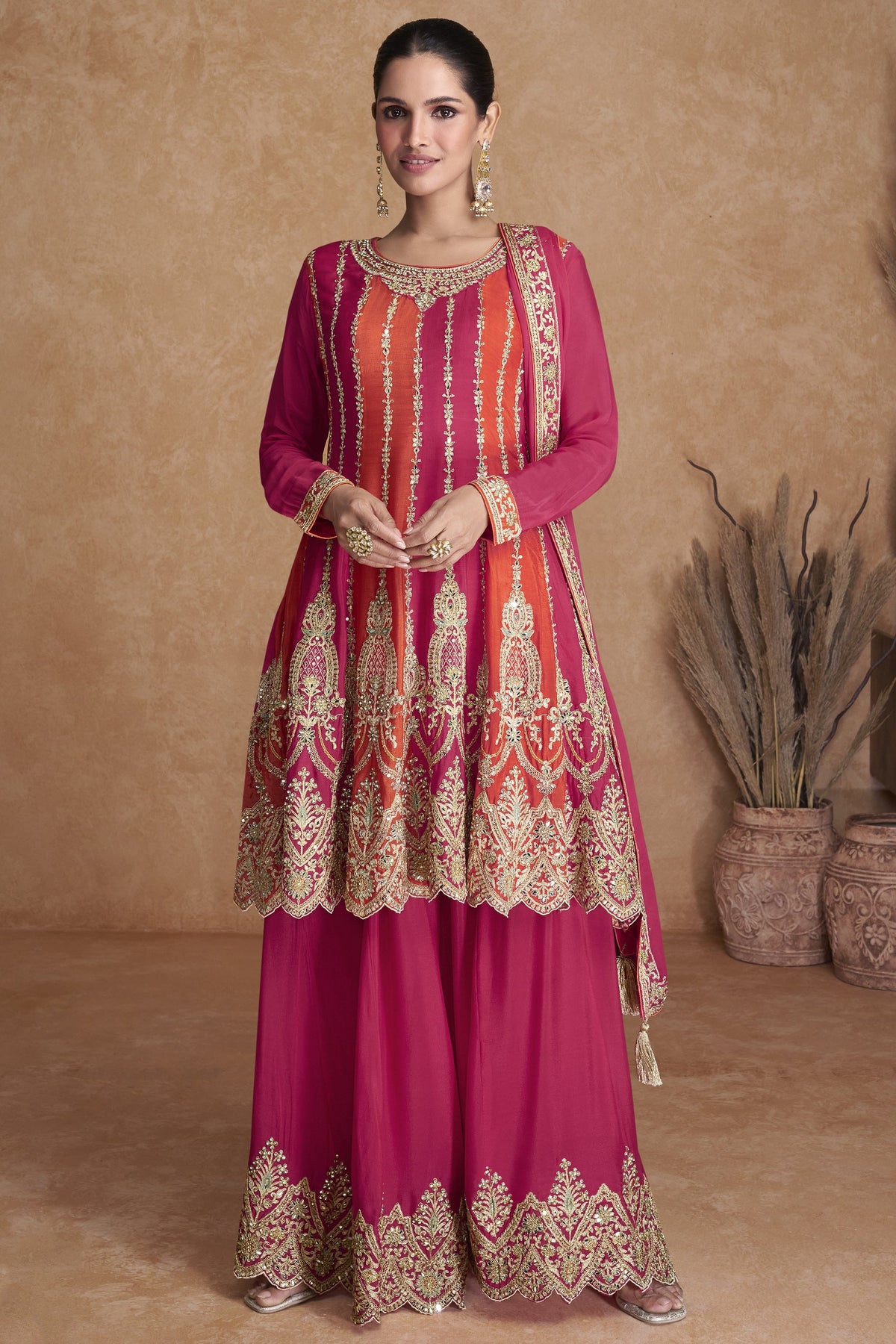 Embroidered Pink Color Function Wear Designer Readymade Sharara Style Salwar Suit In Chinon Fabric