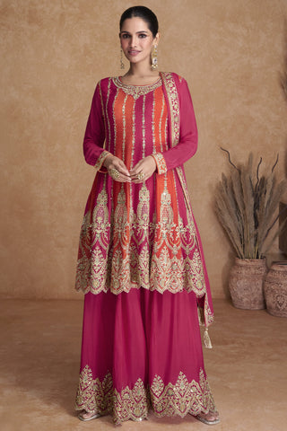 Embroidered Pink Color Function Wear Designer Readymade Sharara Style Salwar Suit In Chinon Fabric