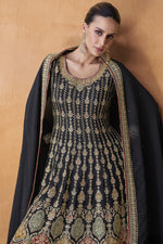 Load image into Gallery viewer, Chinon Fabric Festive Wear Embroidered Designer Readymade Sharara Style Suit In Black Color
