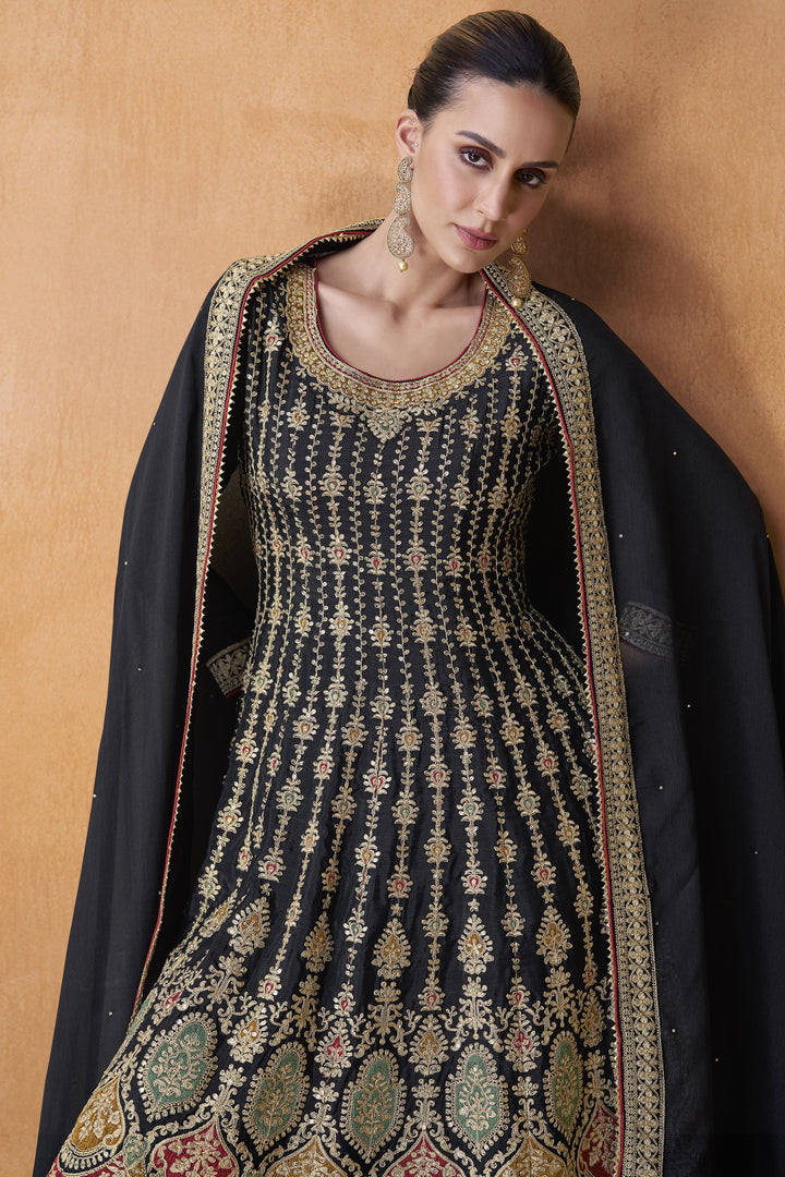 Chinon Fabric Festive Wear Embroidered Designer Readymade Sharara Style Suit In Black Color