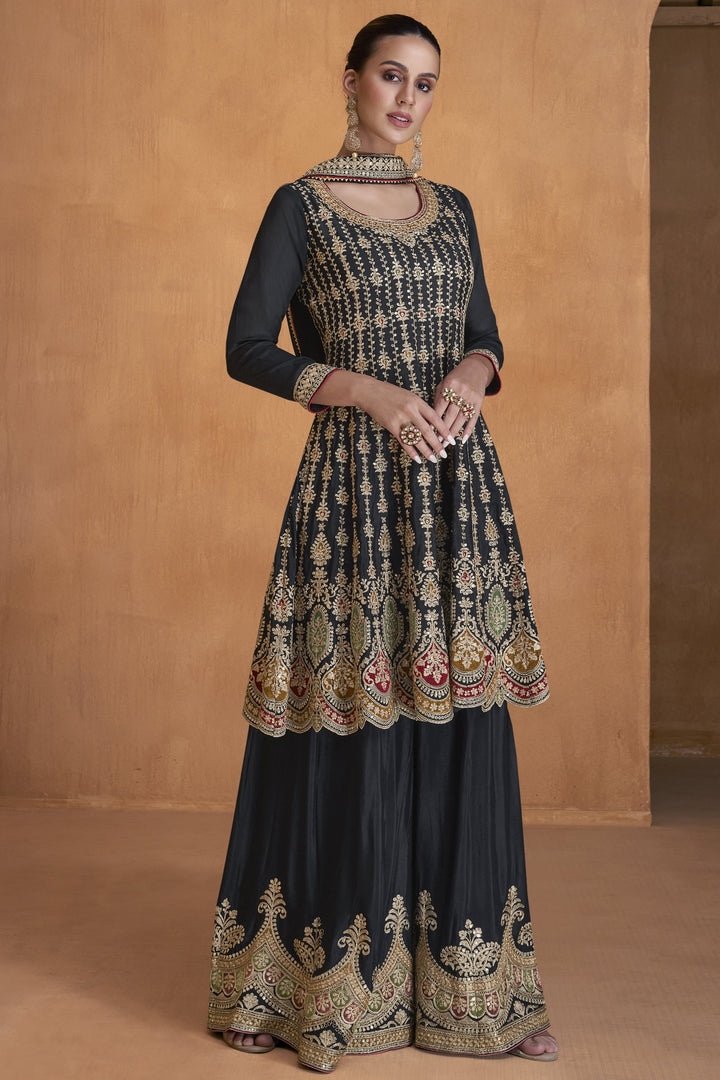 Chinon Fabric Festive Wear Embroidered Designer Readymade Sharara Style Suit In Black Color