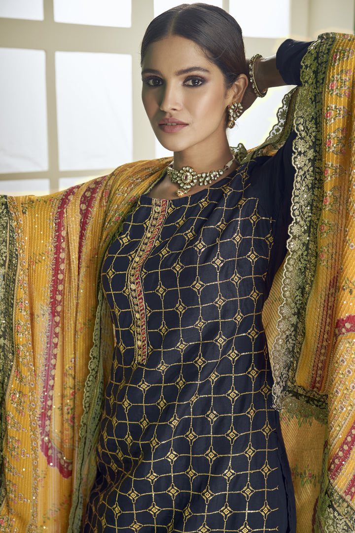 Georgette Fabric Function Wear Embroidered Navy Blue Color Designer Salwar Suit