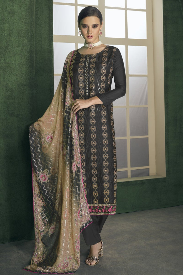 Georgette Fabric Festive Wear Black Color Embroidered Designer Salwar Suit