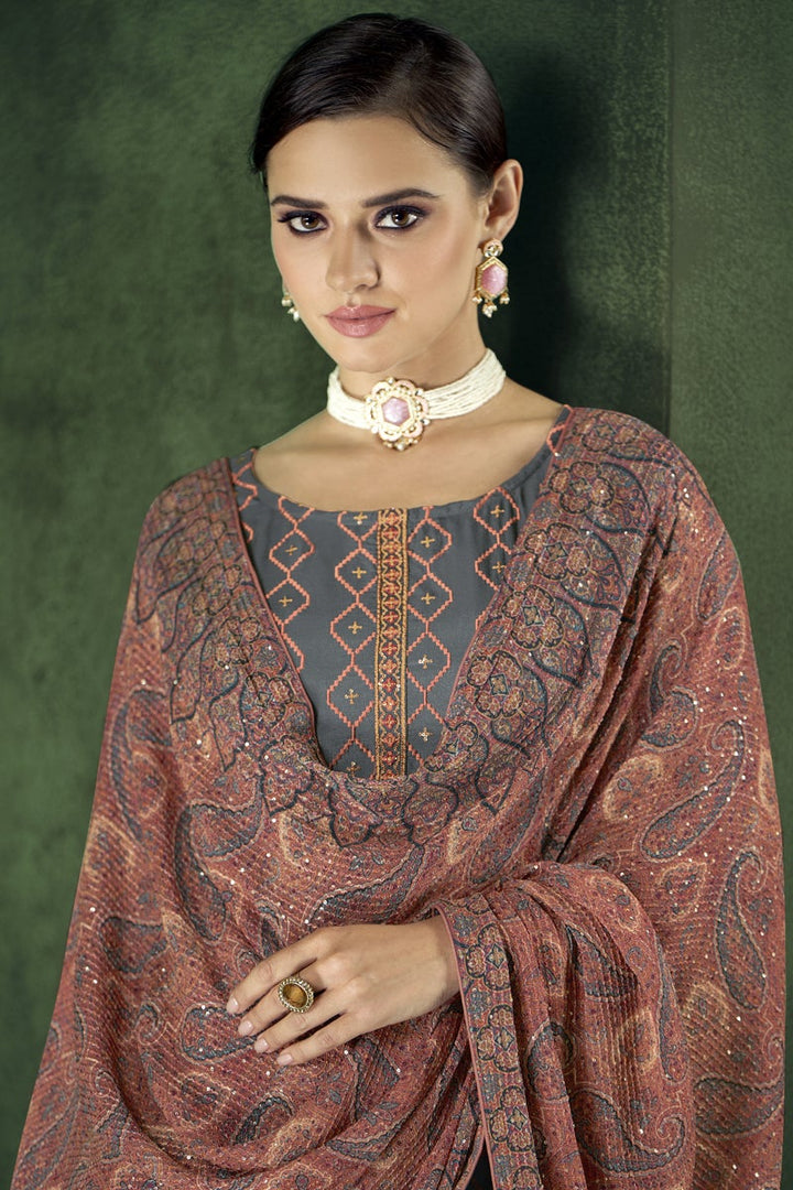 Georgette Fabric Festive Wear Embroidered Grey Color Designer Salwar Suit