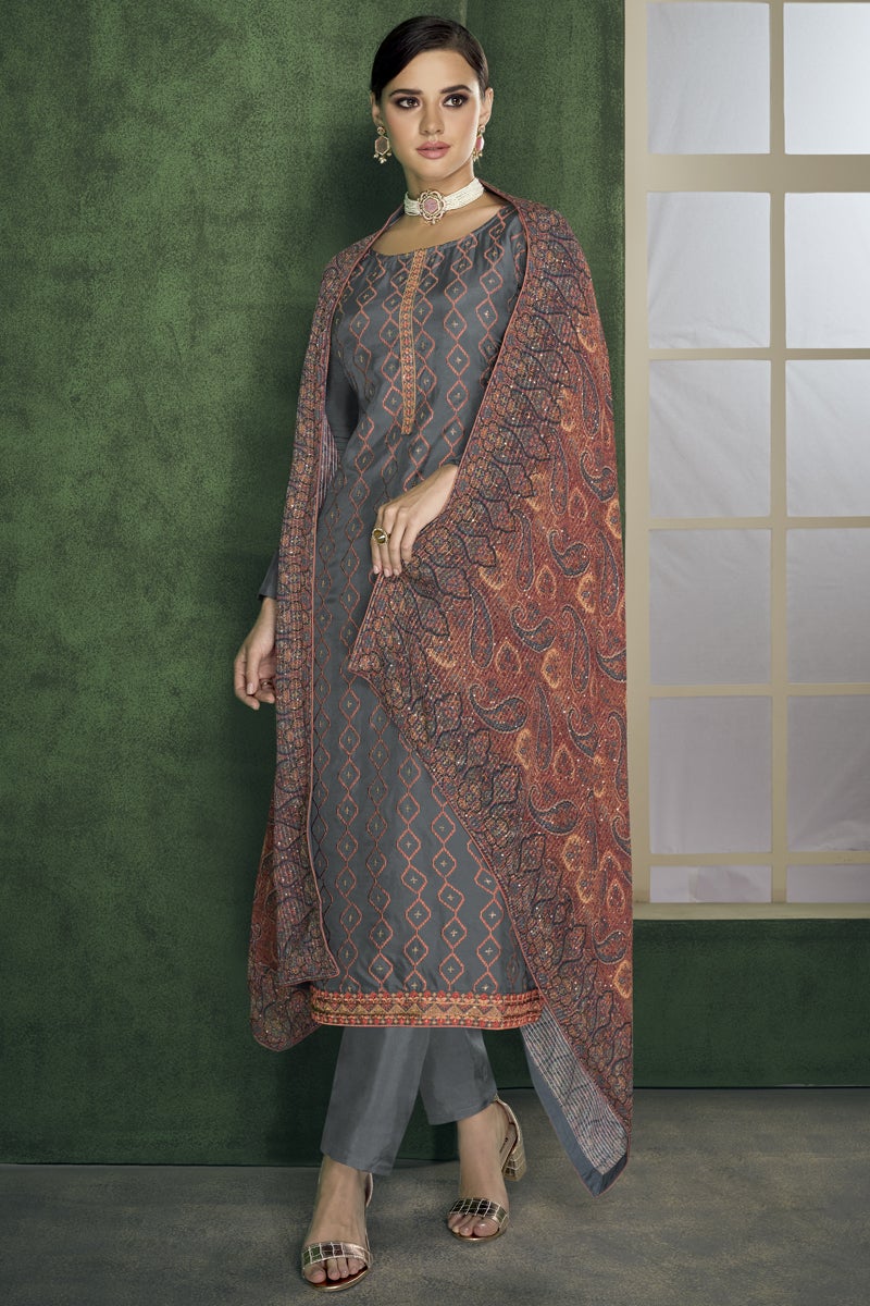 Georgette Fabric Festive Wear Embroidered Grey Color Designer Salwar Suit