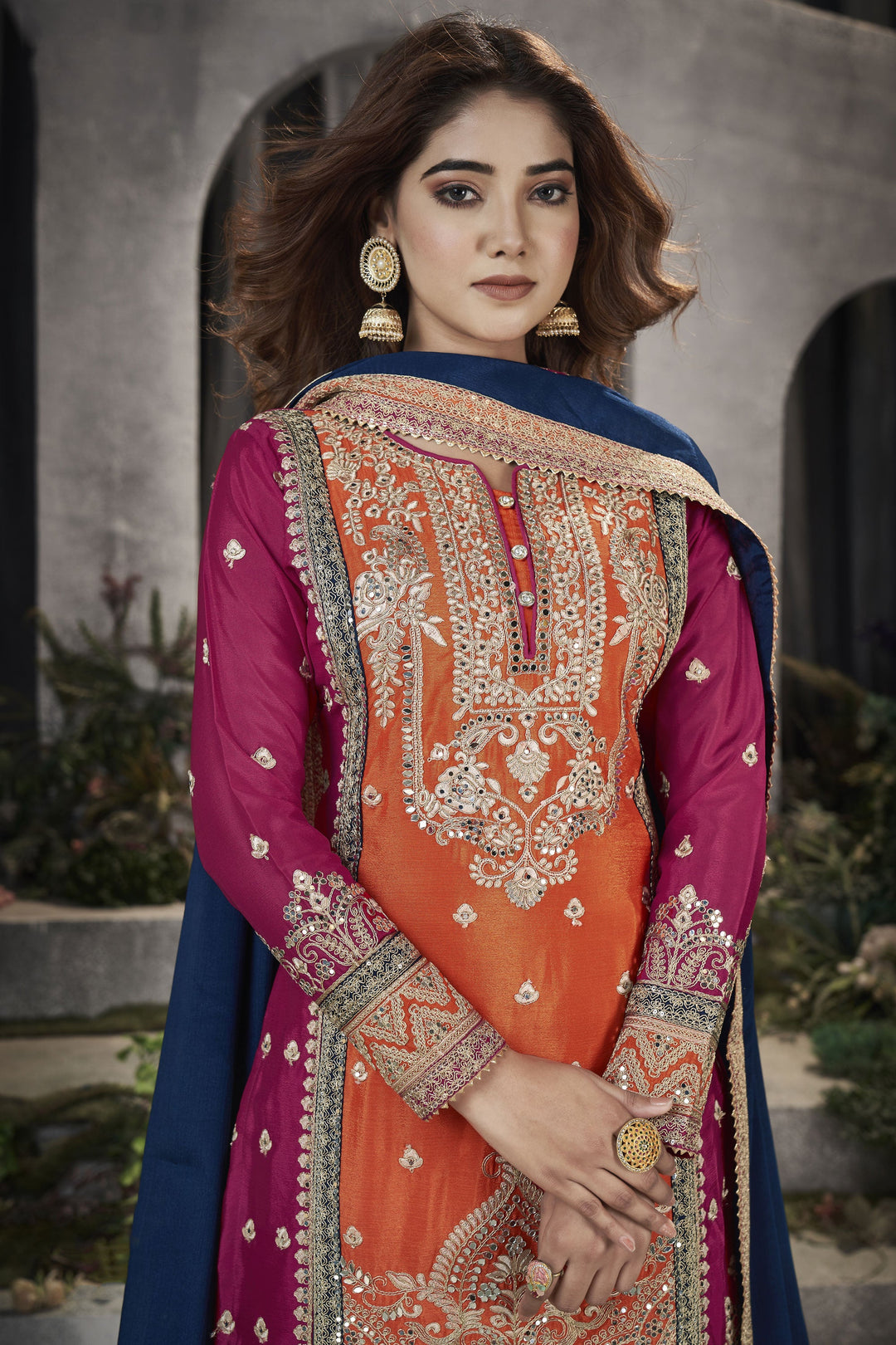 Readymade Chinon Fabric Embroidered Punjabi Style Palazzo Suit In Orange Color