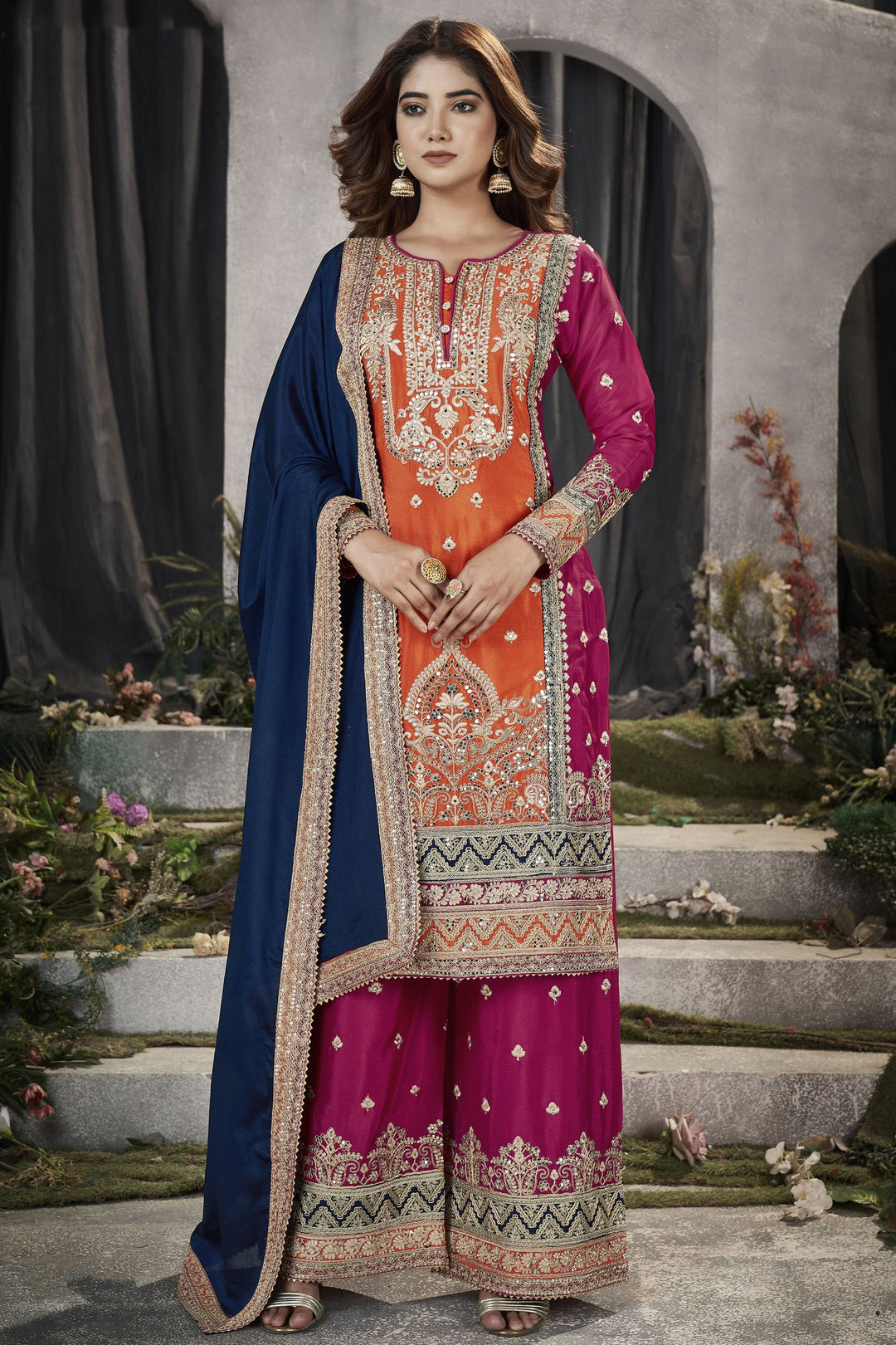Readymade Chinon Fabric Embroidered Punjabi Style Palazzo Suit In Orange Color