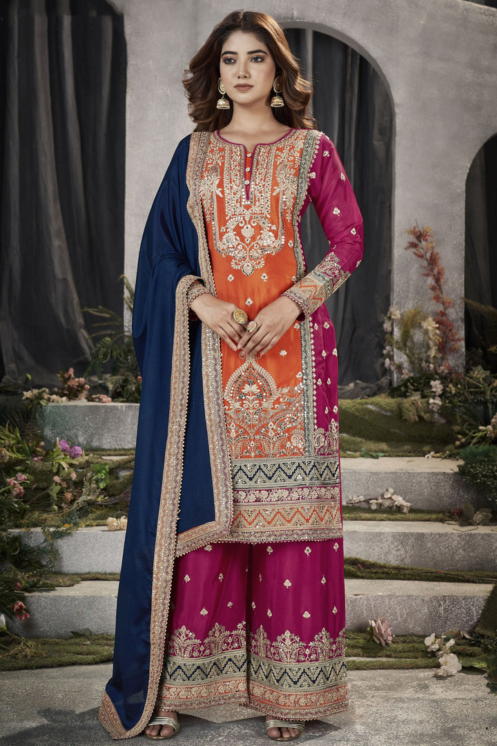 Readymade Chinon Fabric Embroidered Punjabi Style Palazzo Suit In Orange Color