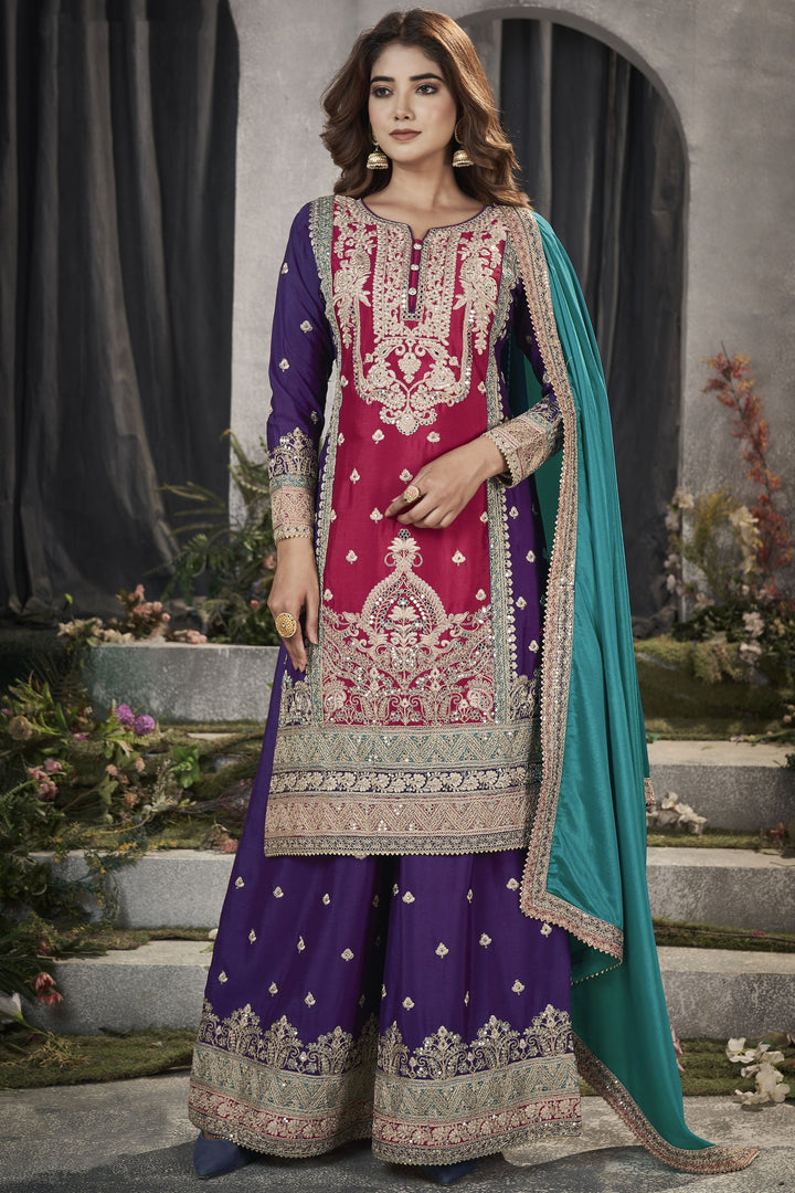 Punjabi Style Rani Color Embroidered Readymade Palazzo Suit In Chinon Fabric