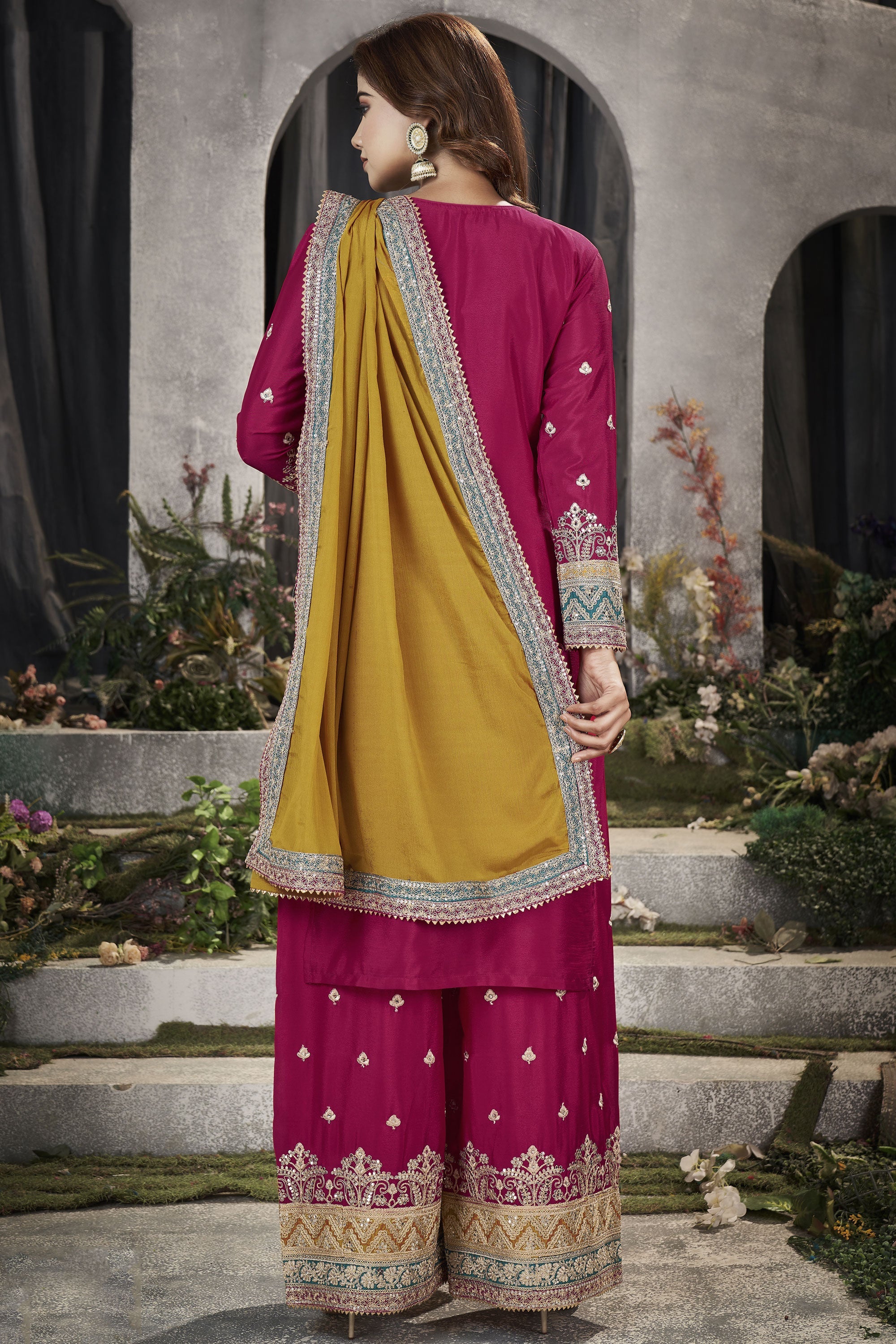 Cyan Color Embroidered Readymade Punjabi Style Palazzo Suit In Chinon Fabric