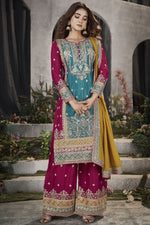 Load image into Gallery viewer, Cyan Color Embroidered Readymade Punjabi Style Palazzo Suit In Chinon Fabric
