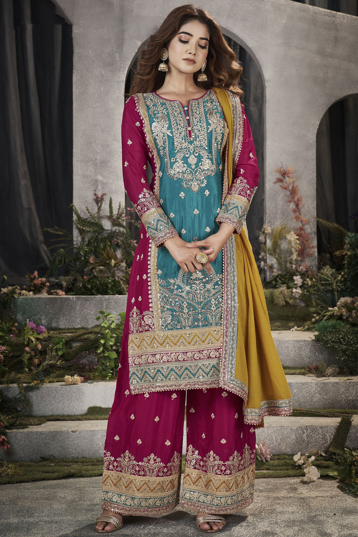 Cyan Color Embroidered Readymade Punjabi Style Palazzo Suit In Chinon Fabric