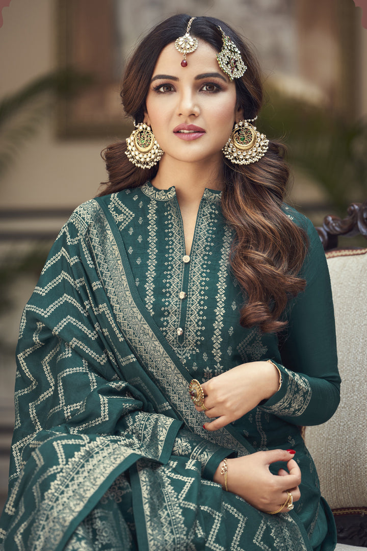 Jasmin Bhasin Teal Color Function Wear Weaving Work Straight Cut Suit