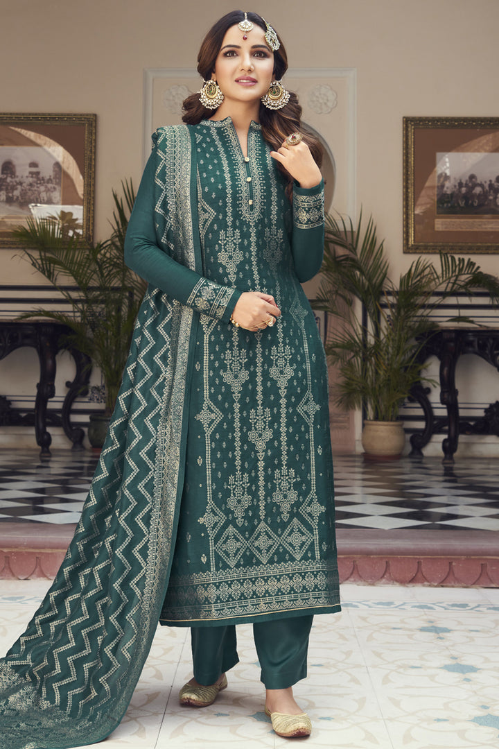 Jasmin Bhasin Teal Color Function Wear Weaving Work Straight Cut Suit