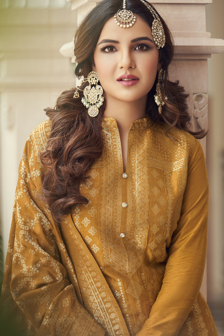 Jasmin Bhasin Function Wear Mustard Color Weaving Work Straight Cut Suit