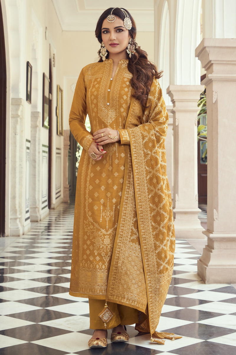 Jasmin Bhasin Function Wear Mustard Color Weaving Work Straight Cut Suit