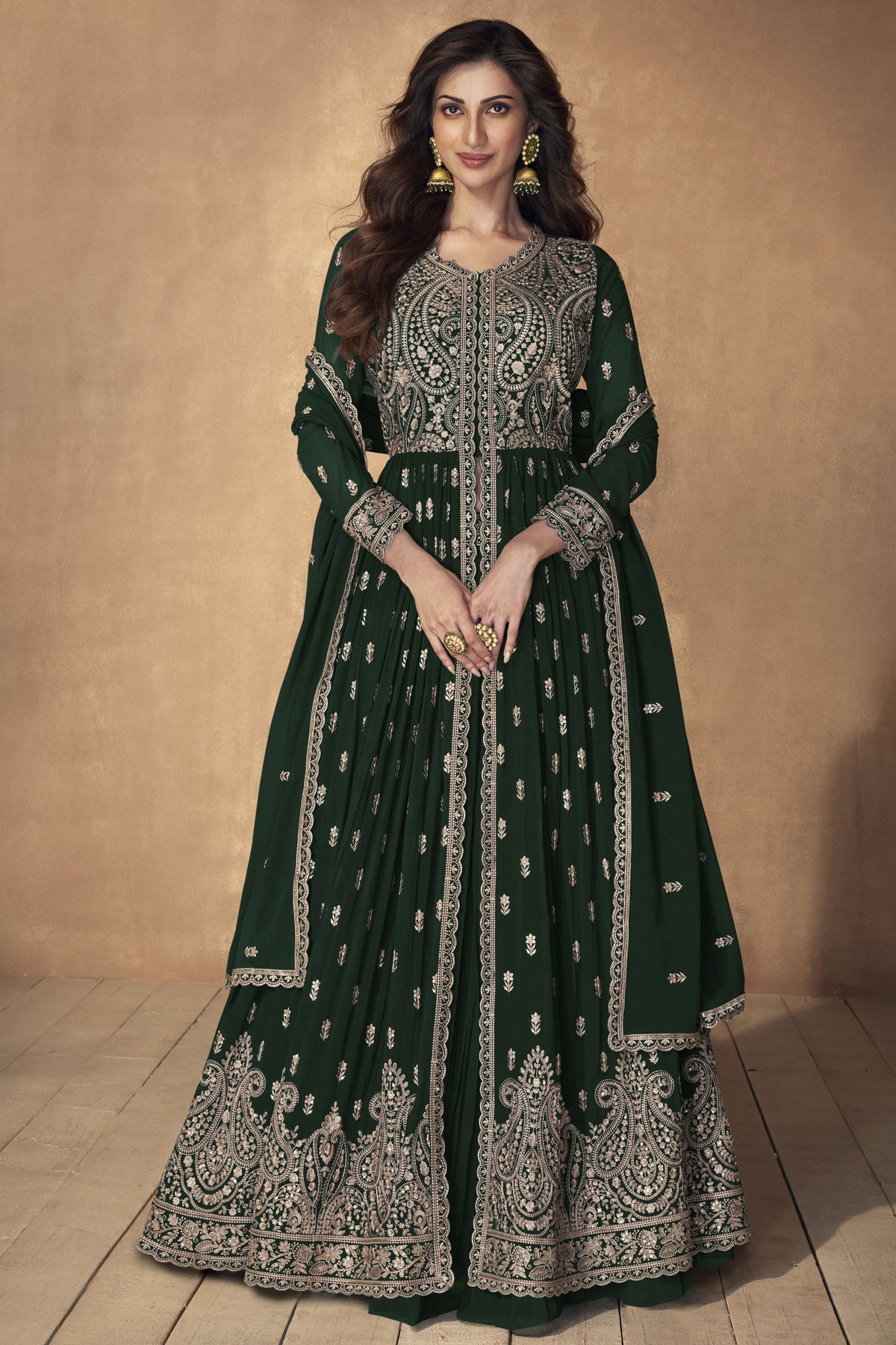 Georgette Fabric Dark Green Color Embroidered Readymade Long Sharara Top Lehenga