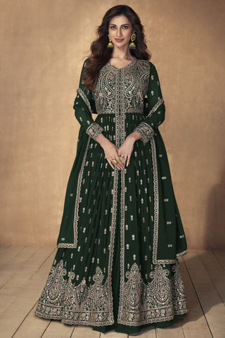 Georgette Fabric Dark Green Color Embroidered Readymade Long Sharara Top Lehenga