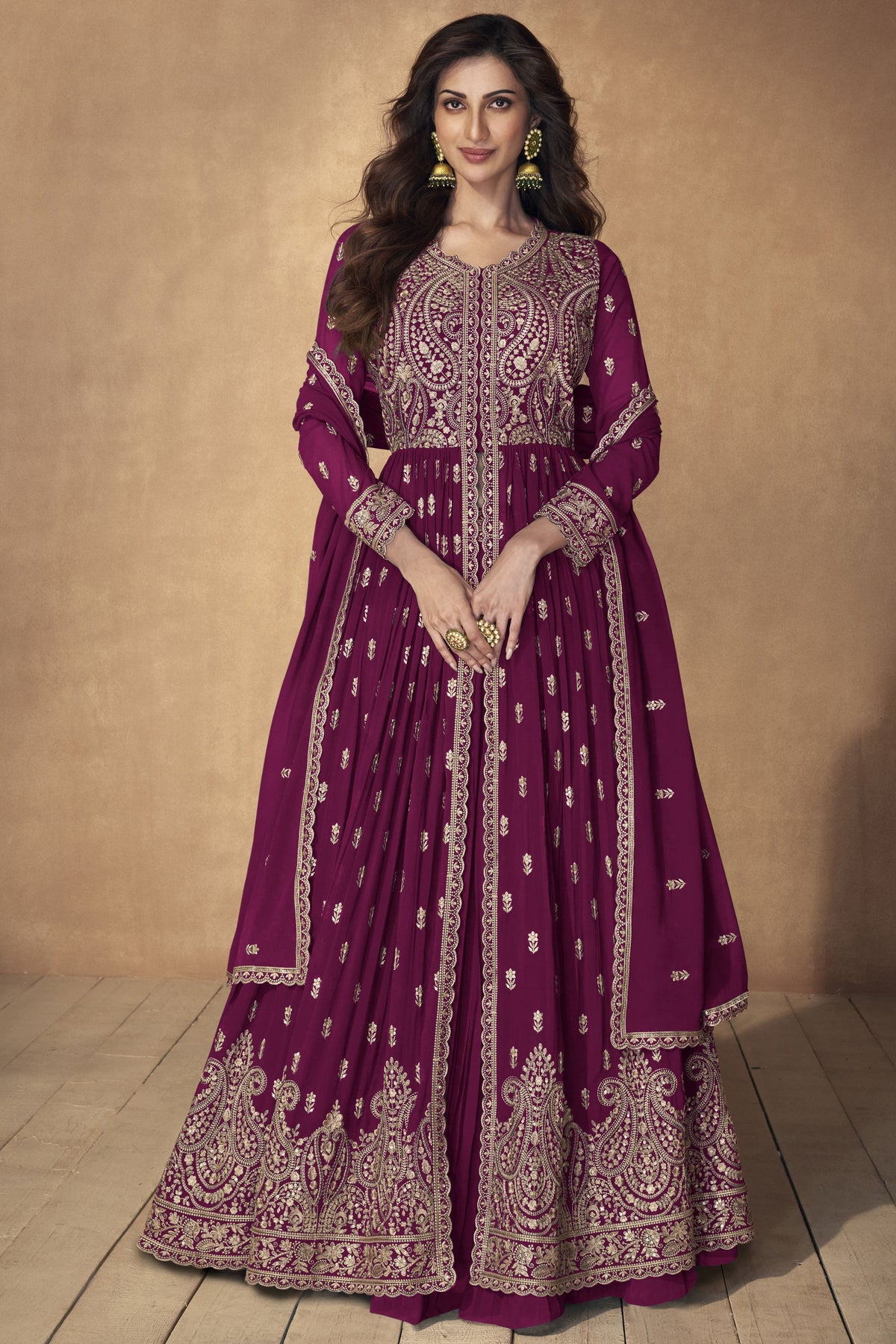 Embroidered Readymade Long Sharara Top Lehenga In Georgette Fabric Burgundy Color