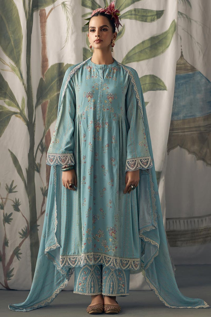 Festive Wear Digital Print Pure Muslin Fabric Pakistani Suit In Cyan Color