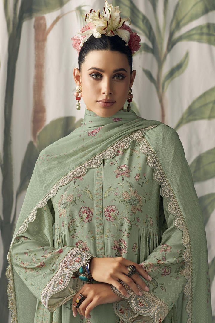 Pure Muslin Fabric Digital Print Sea Green Color Festive Wear Salwar Suit