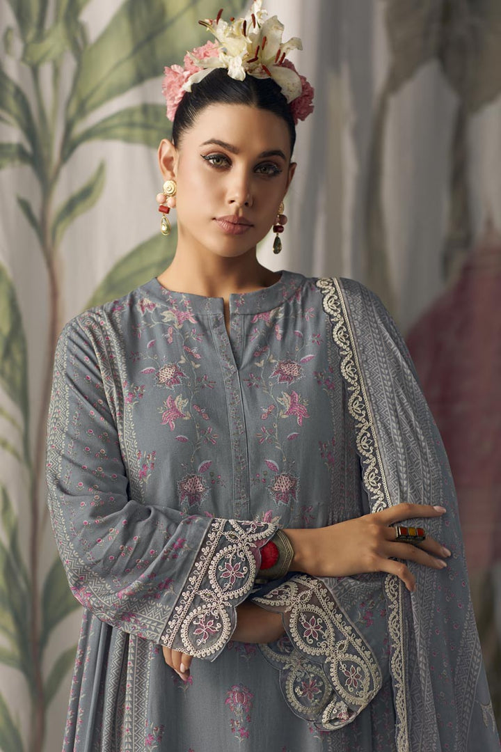Function Wear Grey Color Digital Print Pakistani Suit In Pure Muslin Fabric