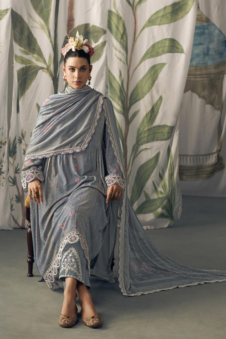 Function Wear Grey Color Digital Print Pakistani Suit In Pure Muslin Fabric