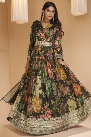 Georgette Fabric Multi Color Printed Readymade Long Anarkali Style Gown With Dupatta