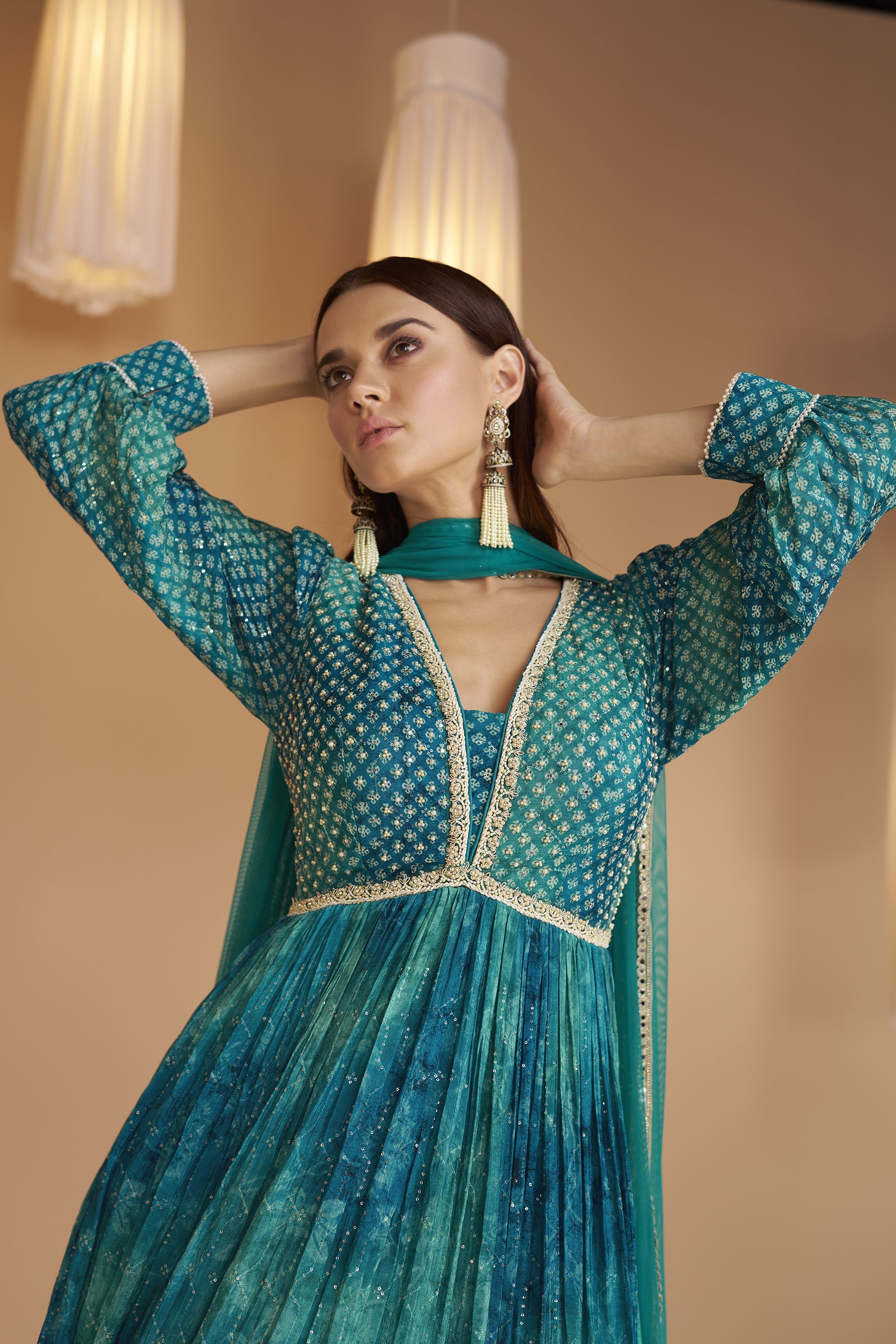 Cyan Color Georgette Fabric Printed Readymade Long Anarkali Style Gown With Dupatta