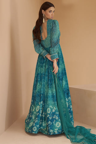 Cyan Color Georgette Fabric Printed Readymade Long Anarkali Style Gown With Dupatta