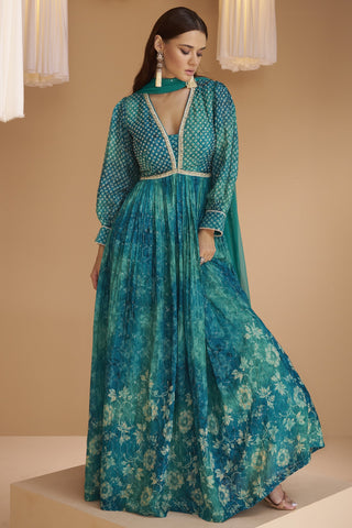 Cyan Color Georgette Fabric Printed Readymade Long Anarkali Style Gown With Dupatta