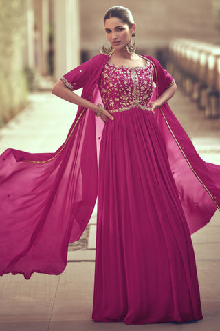 Vartika Singh Rani Color Fashionable Gown With Shrug In Chinon Silk Fabric