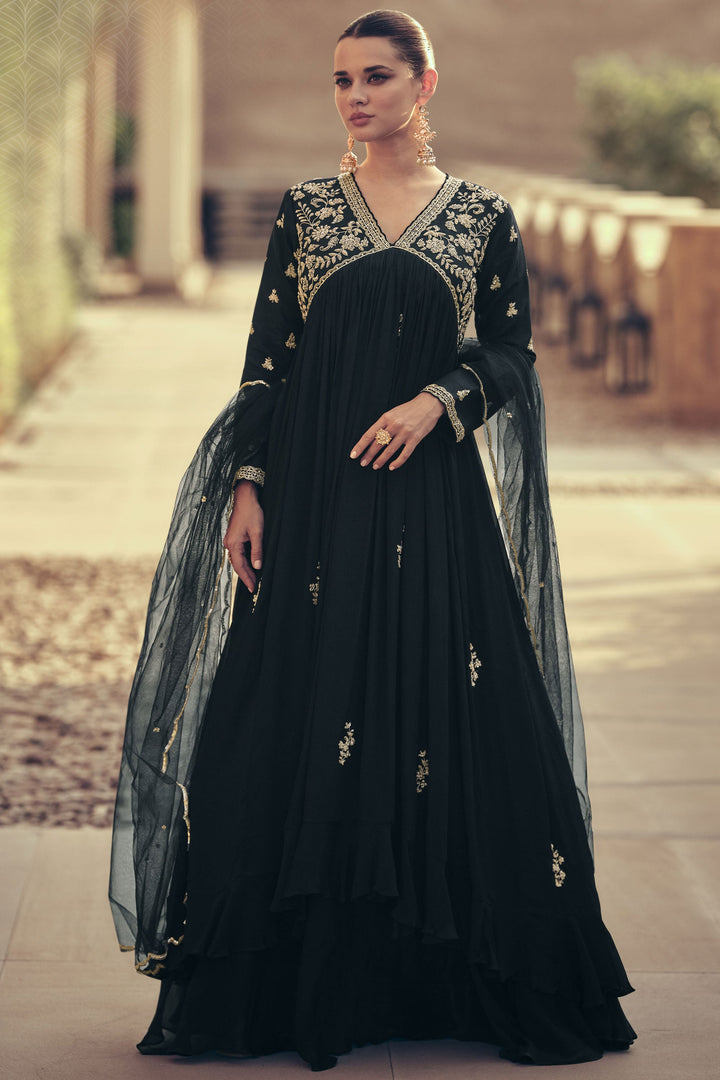 Eugeniya Belousova Chinon Silk Fabric Glamorous Gown With Dupatta In Black Color
