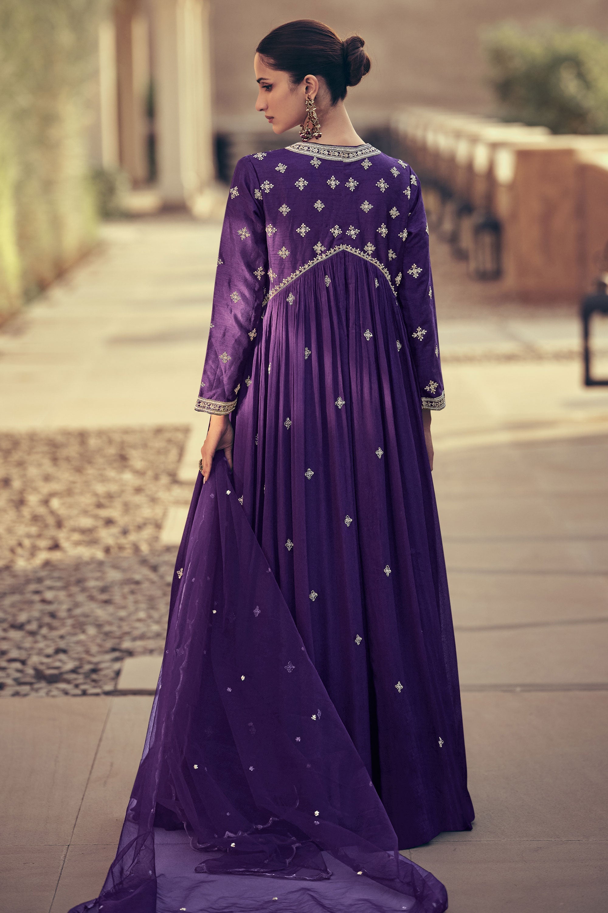 Diksha Singh Chinon Silk Fabric Magnificent Gown With Dupatta In Purple Color