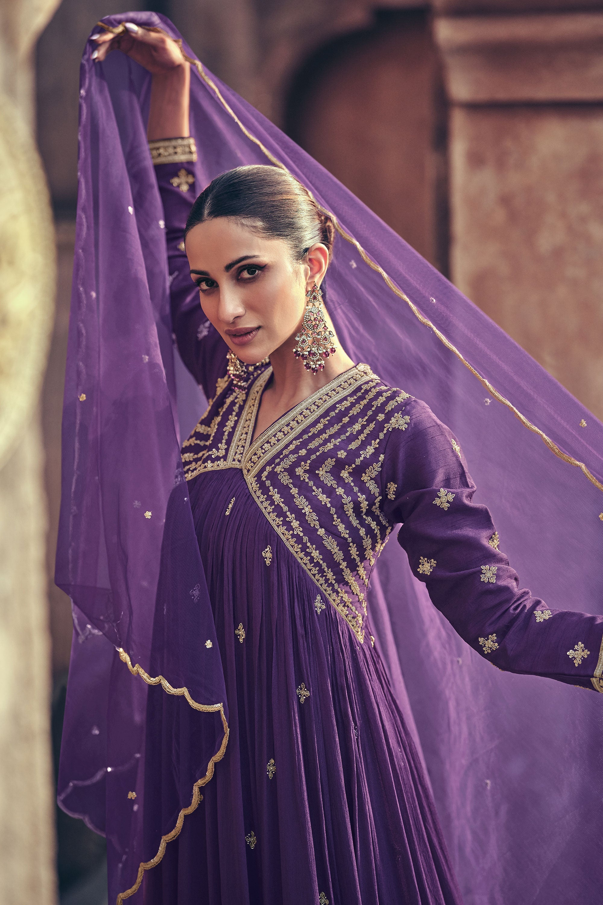 Diksha Singh Chinon Silk Fabric Magnificent Gown With Dupatta In Purple Color