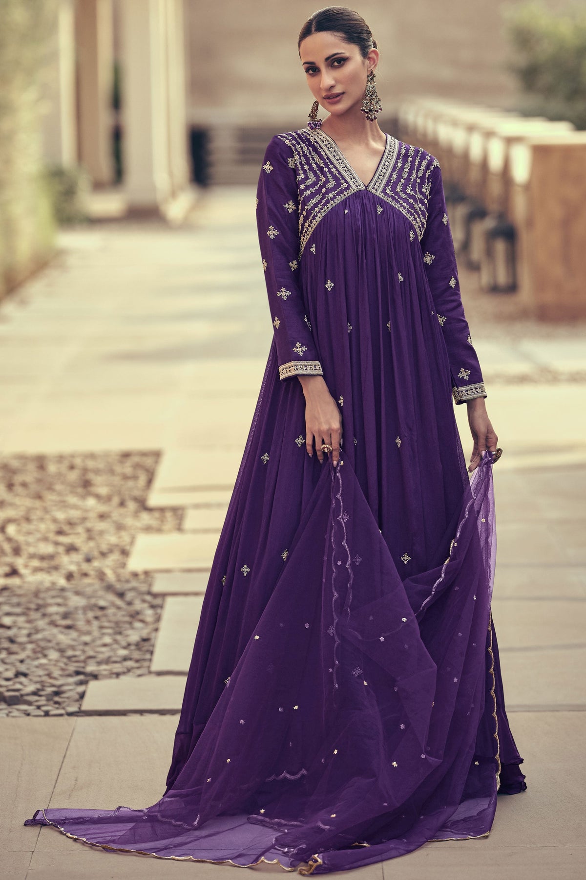 Diksha Singh Chinon Silk Fabric Magnificent Gown With Dupatta In Purple Color