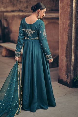 Art Silk Fabric Teal Color Glorious Party Style Gown With Dupatta