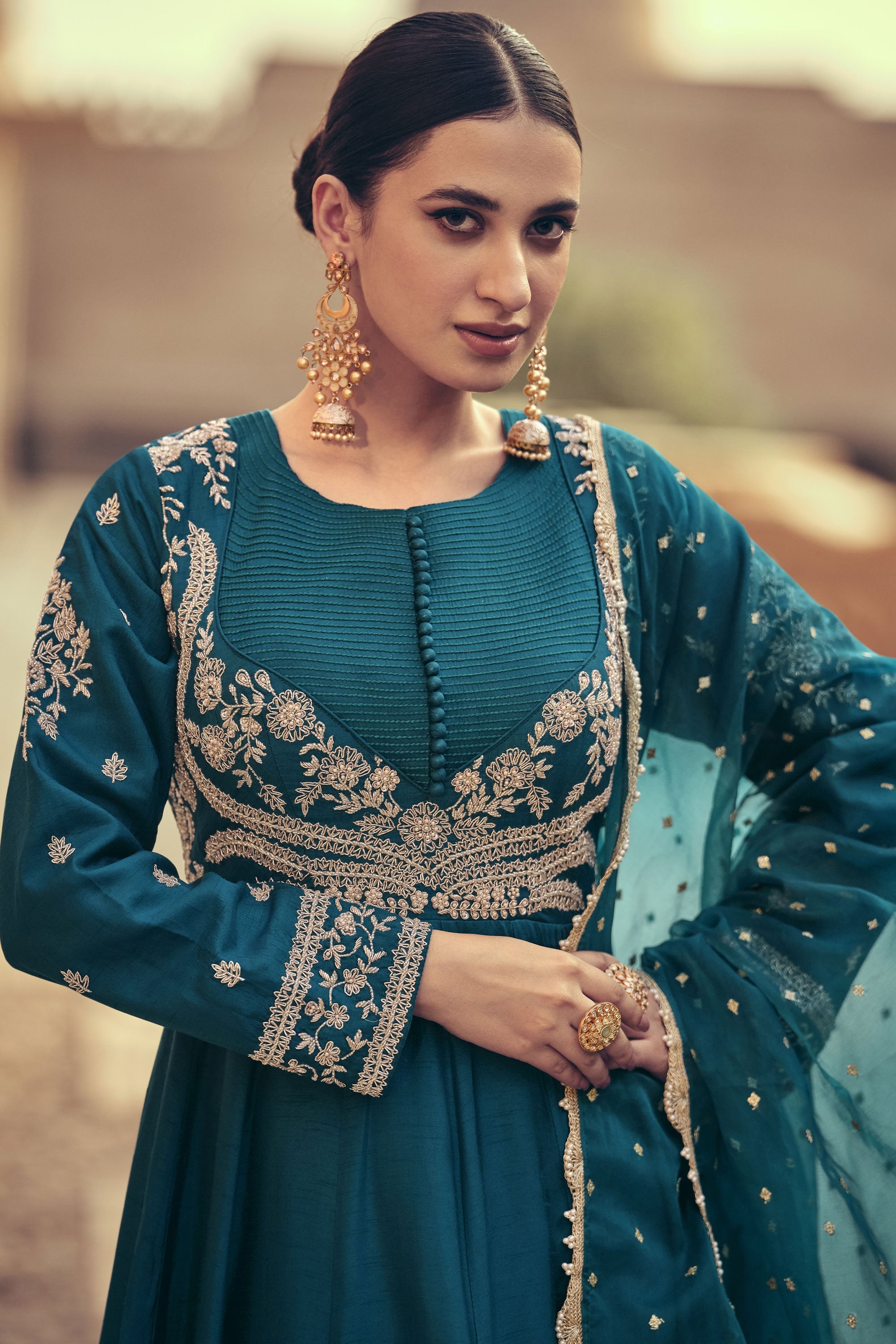 Art Silk Fabric Teal Color Glorious Party Style Gown With Dupatta