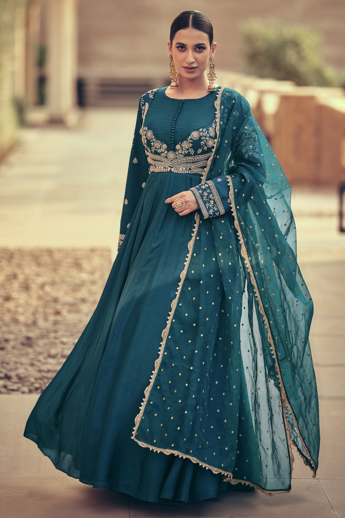 Art Silk Fabric Teal Color Glorious Party Style Gown With Dupatta