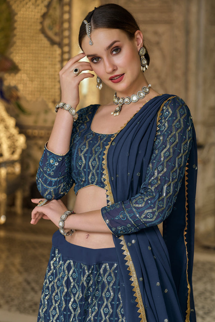 Navy Blue Color Sangeet Wear Embroidered Georgette Fabric Designer Lehenga