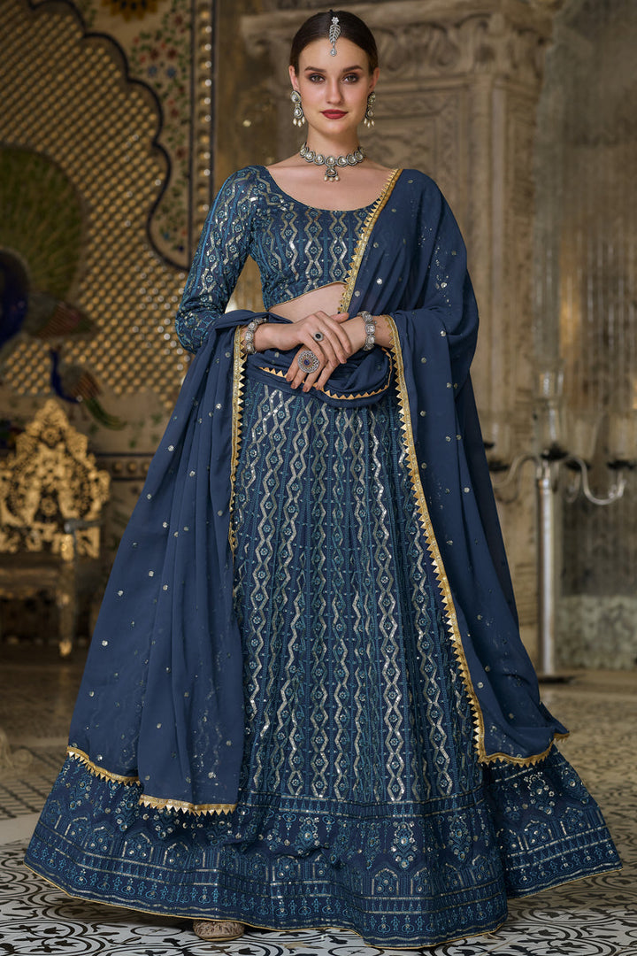 Navy Blue Color Sangeet Wear Embroidered Georgette Fabric Designer Lehenga