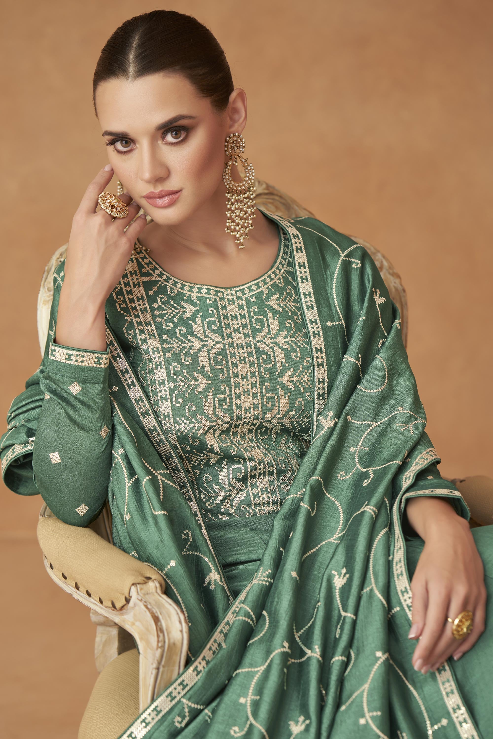 Green Color Georgette Fabric Embroidered Readymade Long Anarkali Style Gown With Dupatta